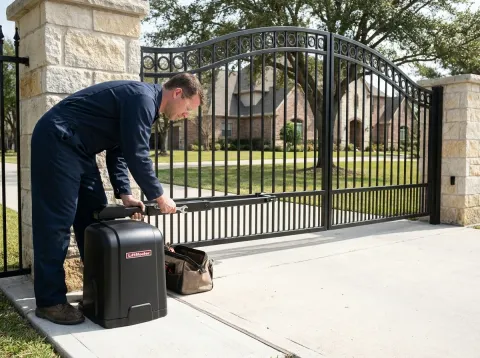 Gate mechanic in work coveralls working on a black LiftMaster gate opener at the entrance gate of a home