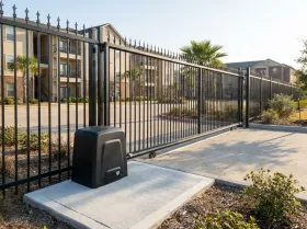 Slide gate and gate opener at the entrance of an apartment complex