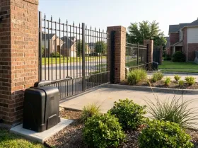 Gated entrance of a residential community with a gate opener beside the gates