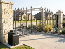 Gated entrance of a residential community with a gate opener beside the gate