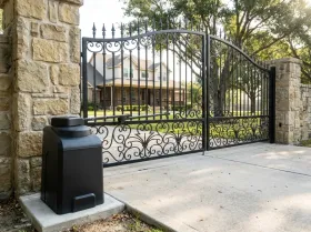 Wrought-iron driveway gate of a home with a gate opener beside it