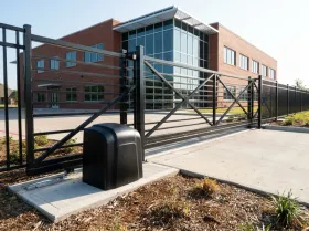 Slide gate and gate opener at the parking entrance of an office building