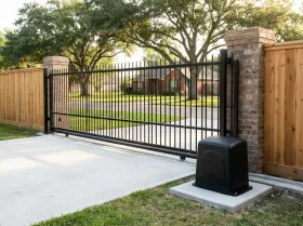 Slide gate across a home driveway with a gate opener beside it