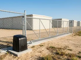 Slide gate and gate opener at the entrance of a storage facility