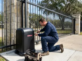 Mechanic working at a gate opener at a community entrance