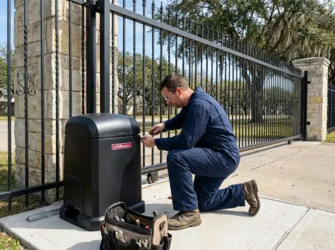 Gate mechanic in work coveralls working on a black LiftMaster gate opener at a community entrance