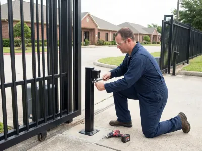Gate mechanic kneeling at a slide gate, tightening a safety sensor on a short steel post with a wrench