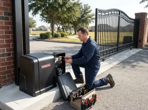 Gate mechanic testing a black LiftMaster gate opener with its cover off at the entrance gate of a community