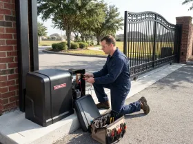 Mechanic testing a gate opener with its cover off at a community gate