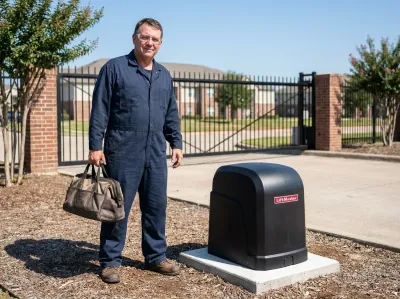 Gate mechanic with a tool bag standing beside a black LiftMaster gate opener at an apartment community gate
