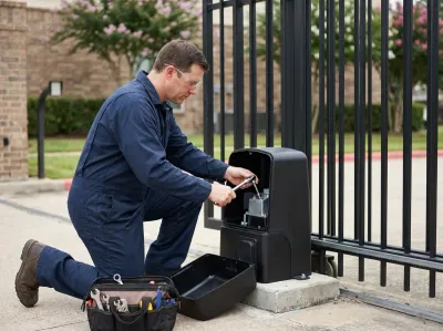 Gate mechanic kneeling at an open gate opener beside a slide gate, working inside it with a wrench