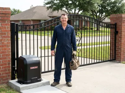Gate mechanic with a tool bag standing beside a black LiftMaster gate opener at a home driveway gate