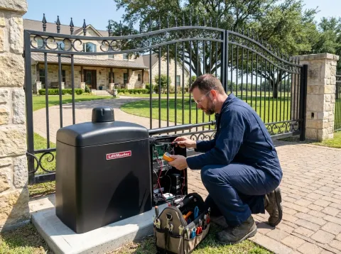 Gate mechanic working inside a black LiftMaster gate opener at the driveway gate of a home