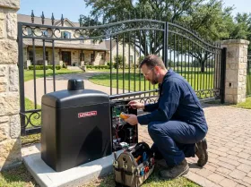 Mechanic testing an open gate opener at a home gate