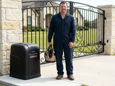 Gate mechanic with a tool bag standing beside a black LiftMaster gate opener at a home driveway gate