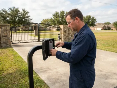 Gate mechanic working on an open gate keypad on a post with a small screwdriver, a driveway gate behind him
