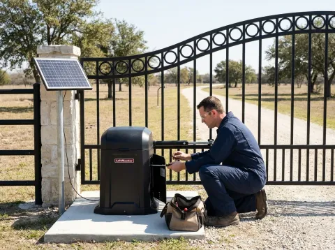 Gate mechanic working on a black LiftMaster gate opener with a solar panel on a post, at a ranch entrance gate