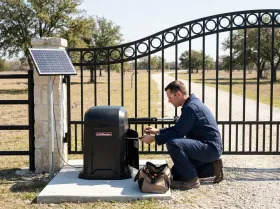 Mechanic working at a gate opener with a solar panel at a ranch gate